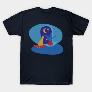 Cat Room Window Crescent Moon Night T-Shirt